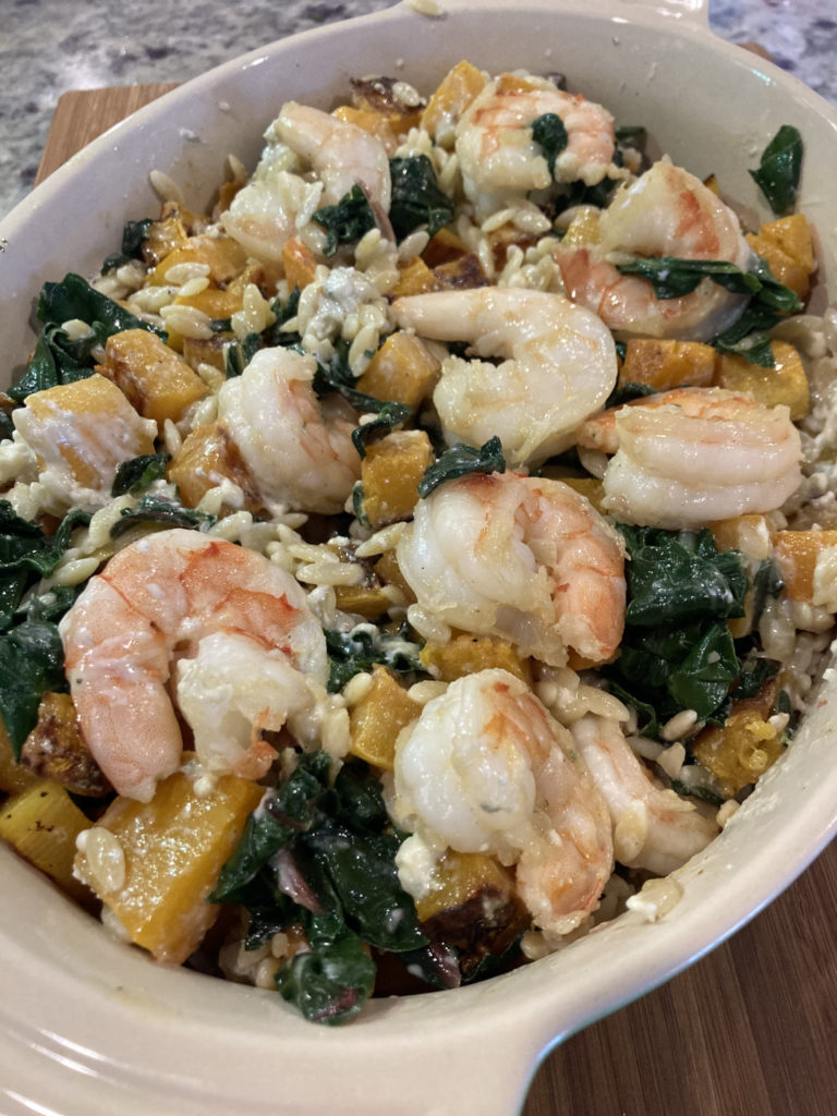 Orzo with Shrimp, Swiss Chard, Blue Cheese and Roasted Butternut Squash